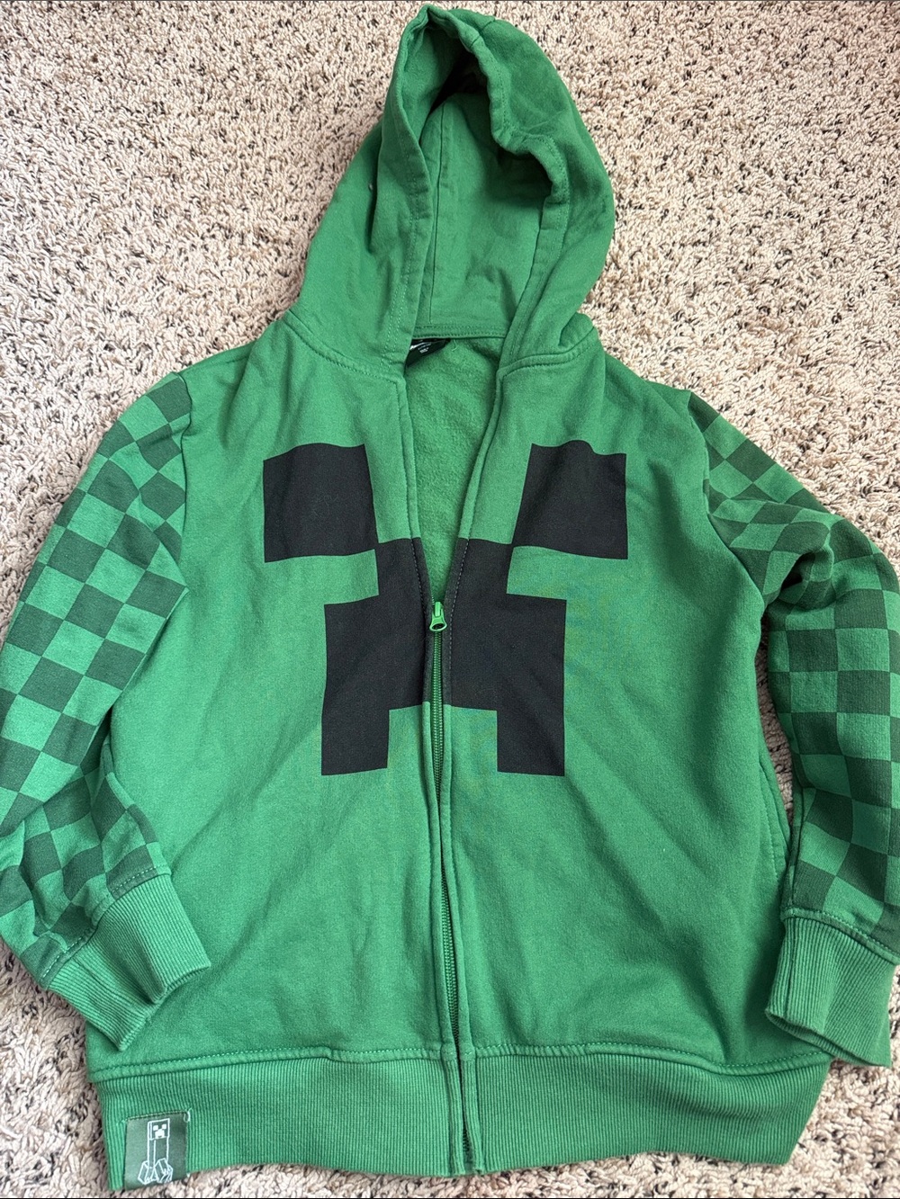 Green Minecraft-Inspired Kids Zip Hoodie with Checker Sleeve Detail